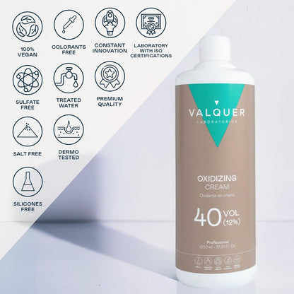 Valquer Stabilized Hydrogen Peroxide Cream 40 Volume 12%, Oxidizer for Permanent Hair Coloring and Bleaching. Vegan Formulation with Natural Ingredients. Professional Use. 1L.