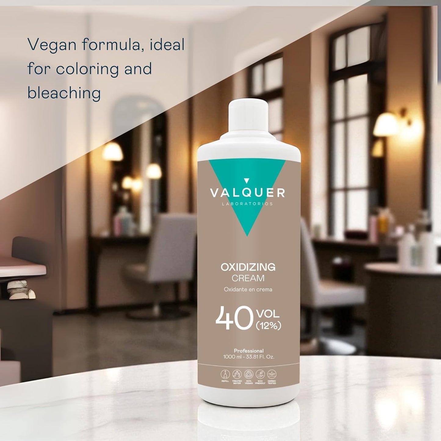 Valquer Stabilized Hydrogen Peroxide Cream 40 Volume 12%, Oxidizer for Permanent Hair Coloring and Bleaching. Vegan Formulation with Natural Ingredients. Professional Use. 1L.
