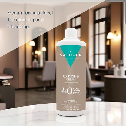 Valquer Stabilized Hydrogen Peroxide Cream 40 Volume 12%, Oxidizer for Permanent Hair Coloring and Bleaching. Vegan Formulation with Natural Ingredients. Professional Use. 1L.