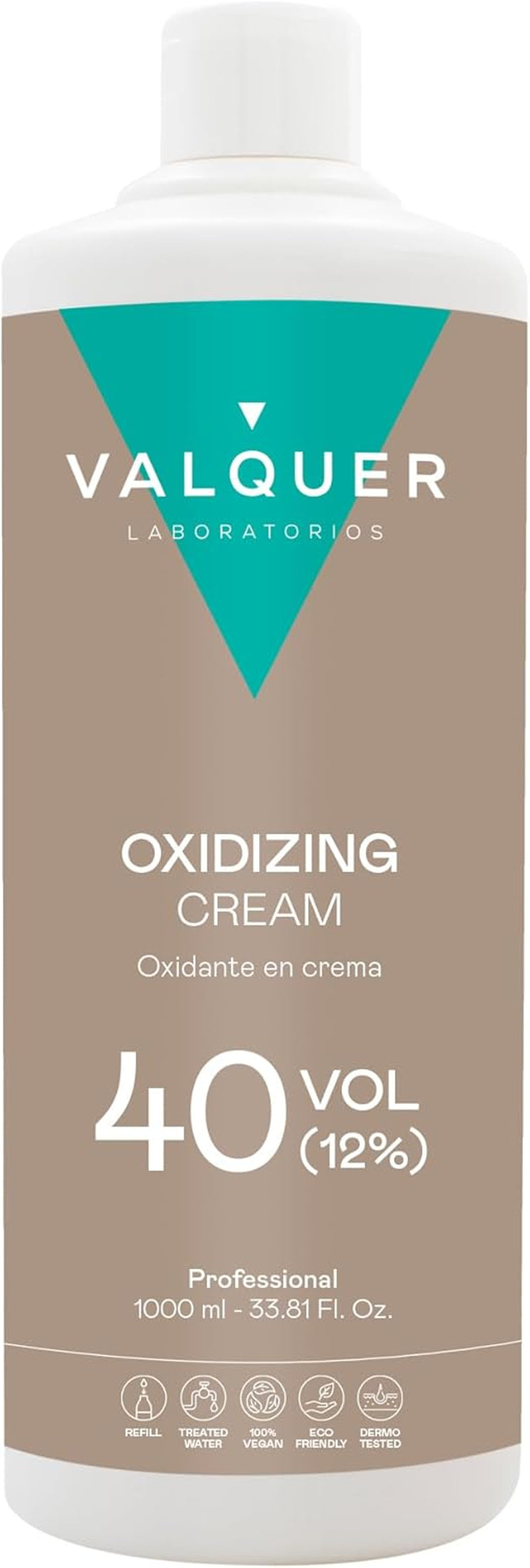 Valquer Stabilized Hydrogen Peroxide Cream 40 Volume 12%, Oxidizer for Permanent Hair Coloring and Bleaching. Vegan Formulation with Natural Ingredients. Professional Use. 1L.
