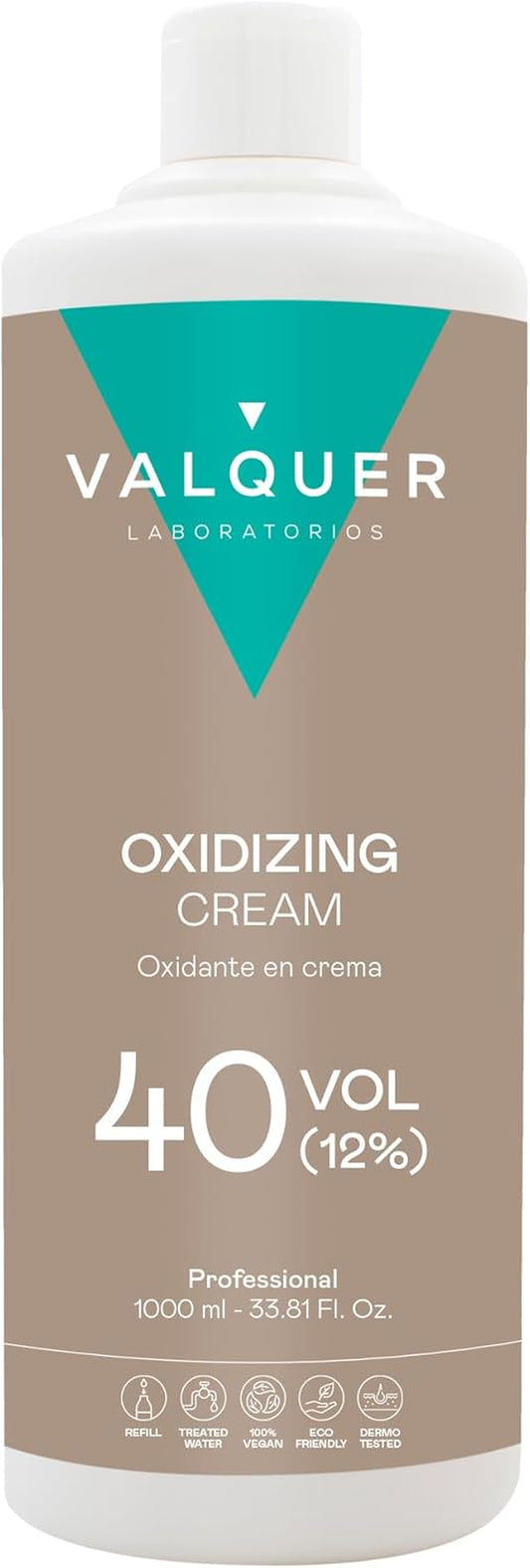 Valquer Stabilized Hydrogen Peroxide Cream 40 Volume 12%, Oxidizer for Permanent Hair Coloring and Bleaching. Vegan Formulation with Natural Ingredients. Professional Use. 1L.