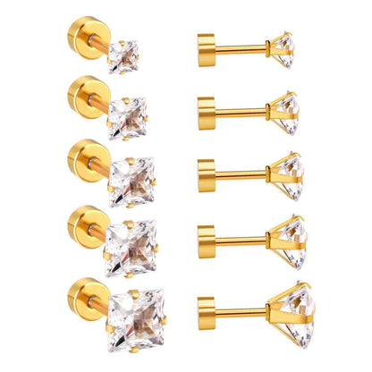 Screw Back Square 14K Gold Plated Stud Earrings Cubic Zirconia Women Men Girls