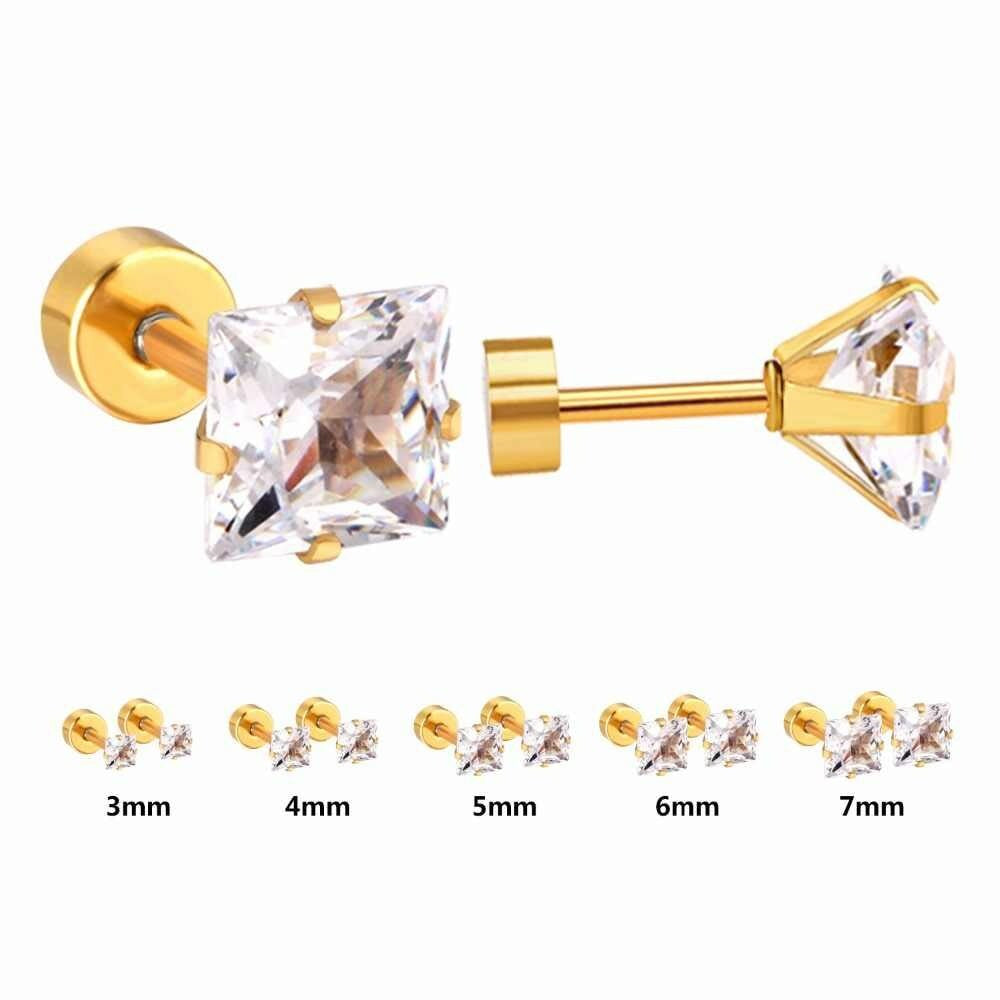 Screw Back Square 14K Gold Plated Stud Earrings Cubic Zirconia Women Men Girls